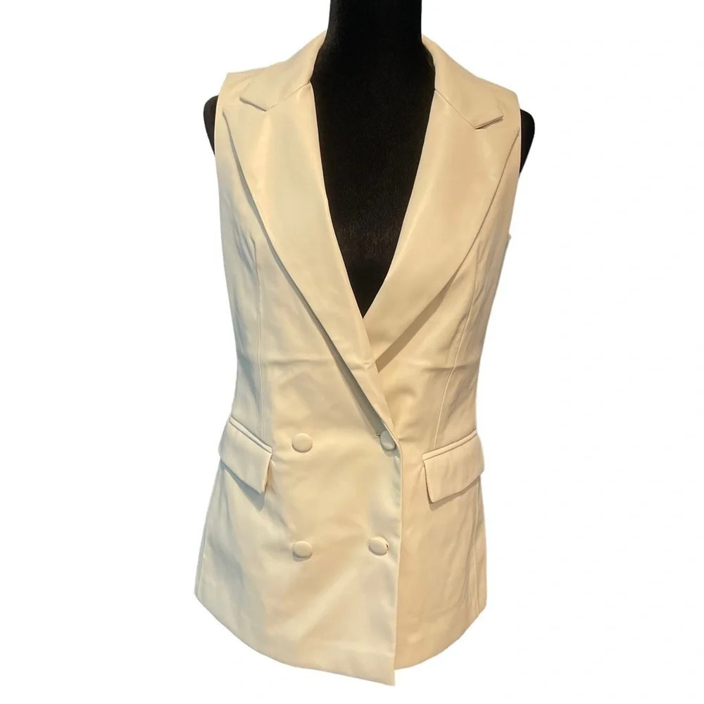 NWT Jason Wu Faux Leather Long Blazer Vest in Cream Neutral Color size Small